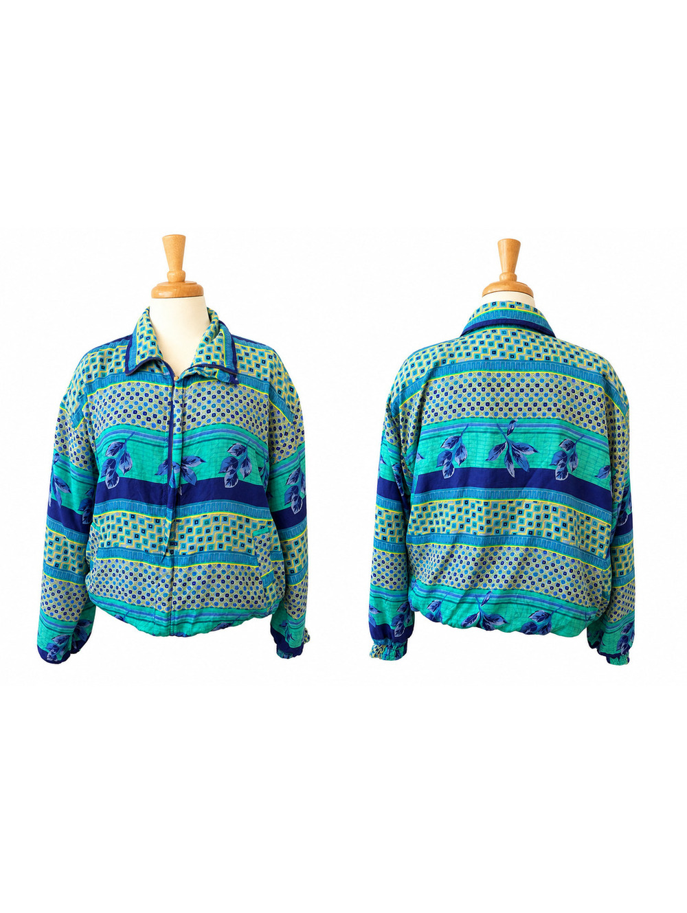 Vintage FUDA International 100% Silk Jacket Women's L Blue Green Geometric